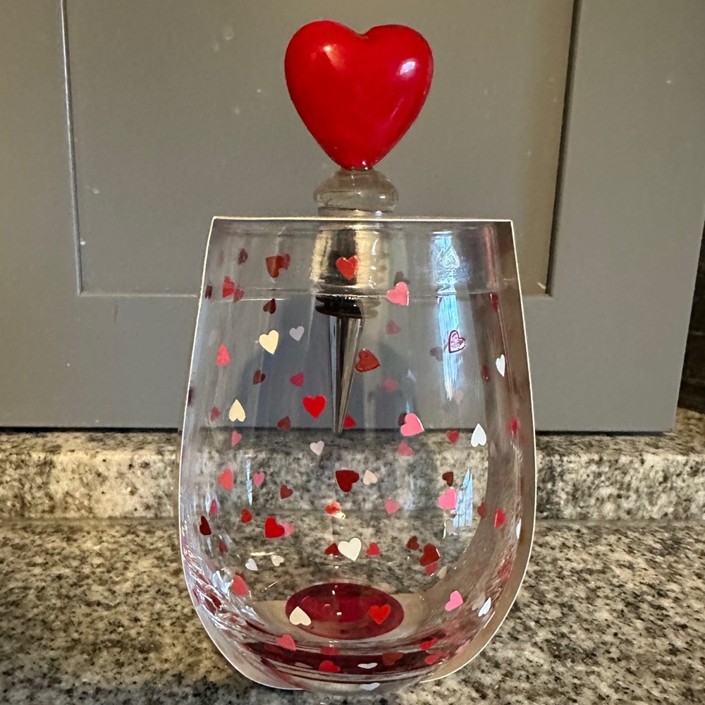 Merry Makers Heart Patterned Glass Decanter with Red Stopper